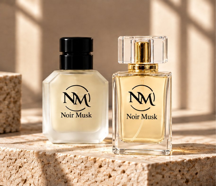 Two Noir Musk Eau de Parfum bottles on a stone plinth in warm sunlight